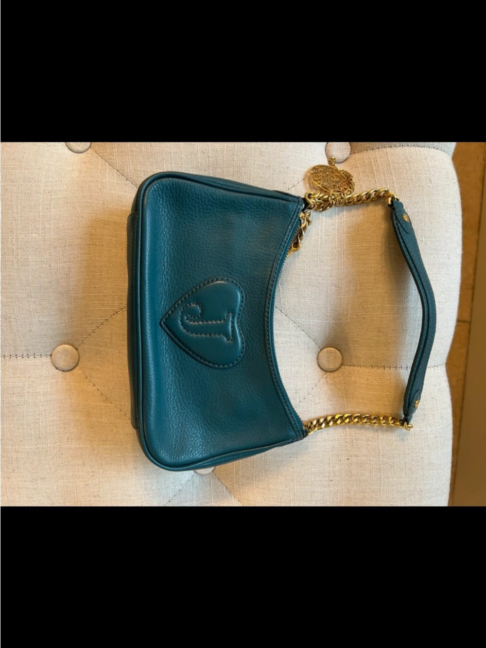Designer Teal Leather Shoulder Bag with Gold Chain - Picture 6 of 10